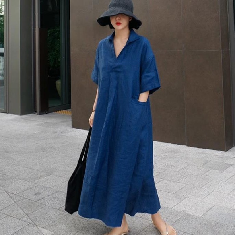 簡約氣質洋氣寬鬆大碼顯瘦長款過膝洋裝