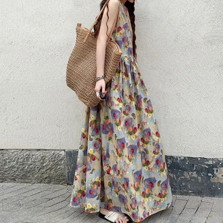 油畫風復古印花背心清新減齡韓系A字甜美洋裝