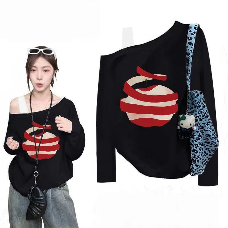 法式斜肩露肩白色蘋果印花設計感小眾寬鬆長袖T恤