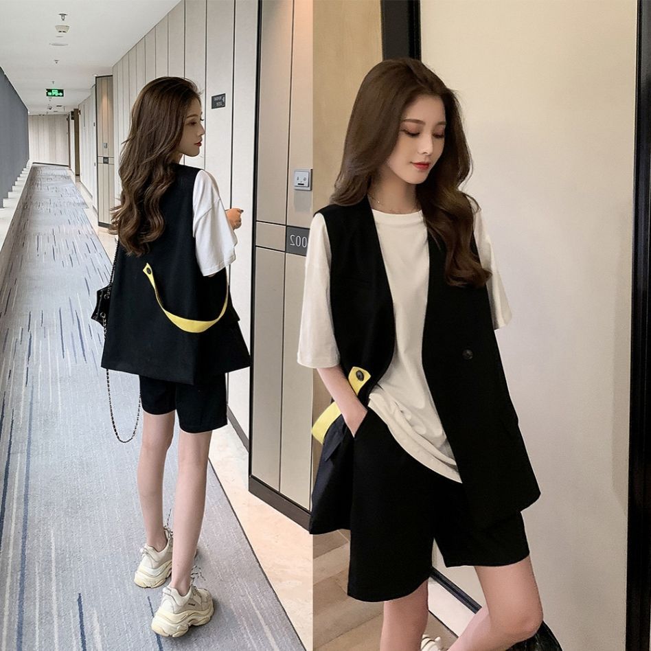 【單件/整套】洋氣復古馬甲短袖T恤短褲超仙小清新時尚西裝套裝