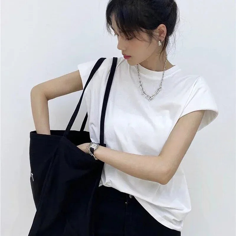 純棉韓系chic顯瘦百搭寬鬆無袖墊肩設計背心