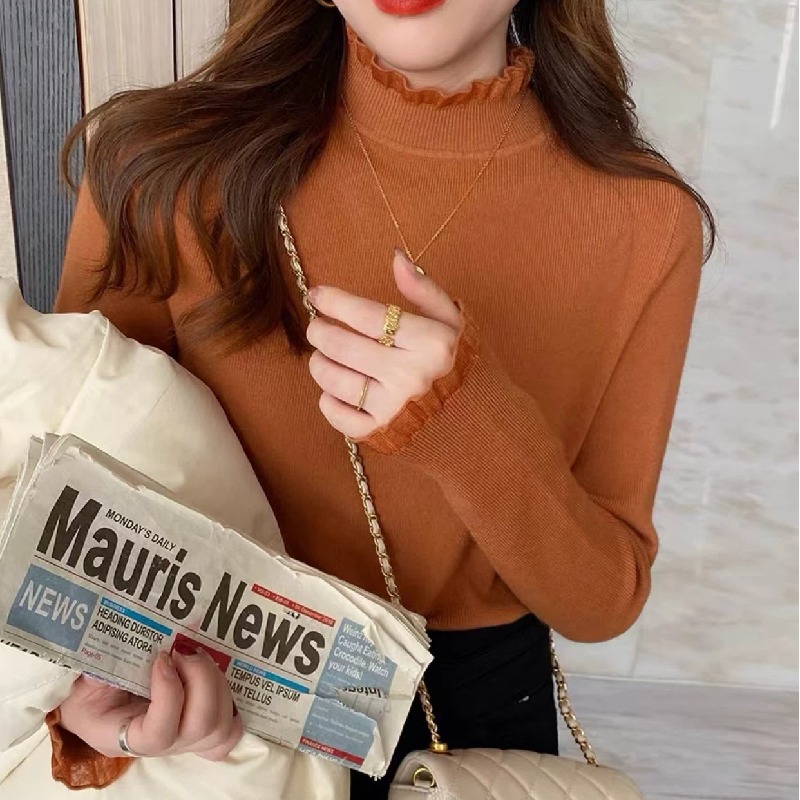 設計感蕾絲半高領拼接木耳邊羊絨針織衫