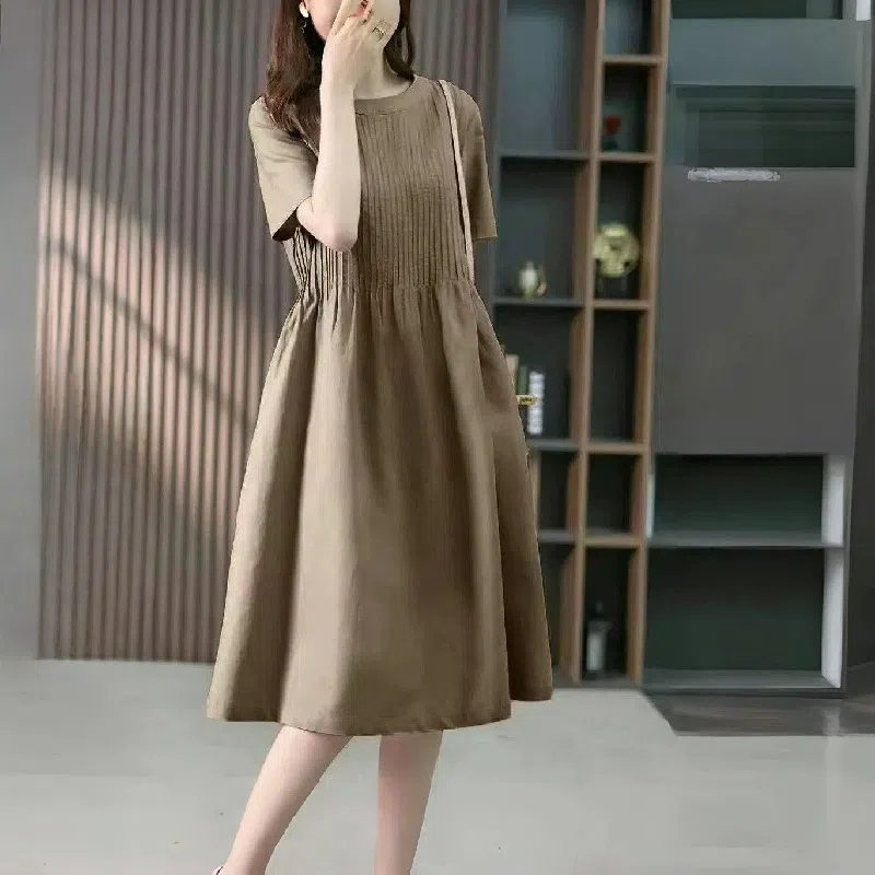 棉麻短袖寬鬆休閒遮肚A字洋裝