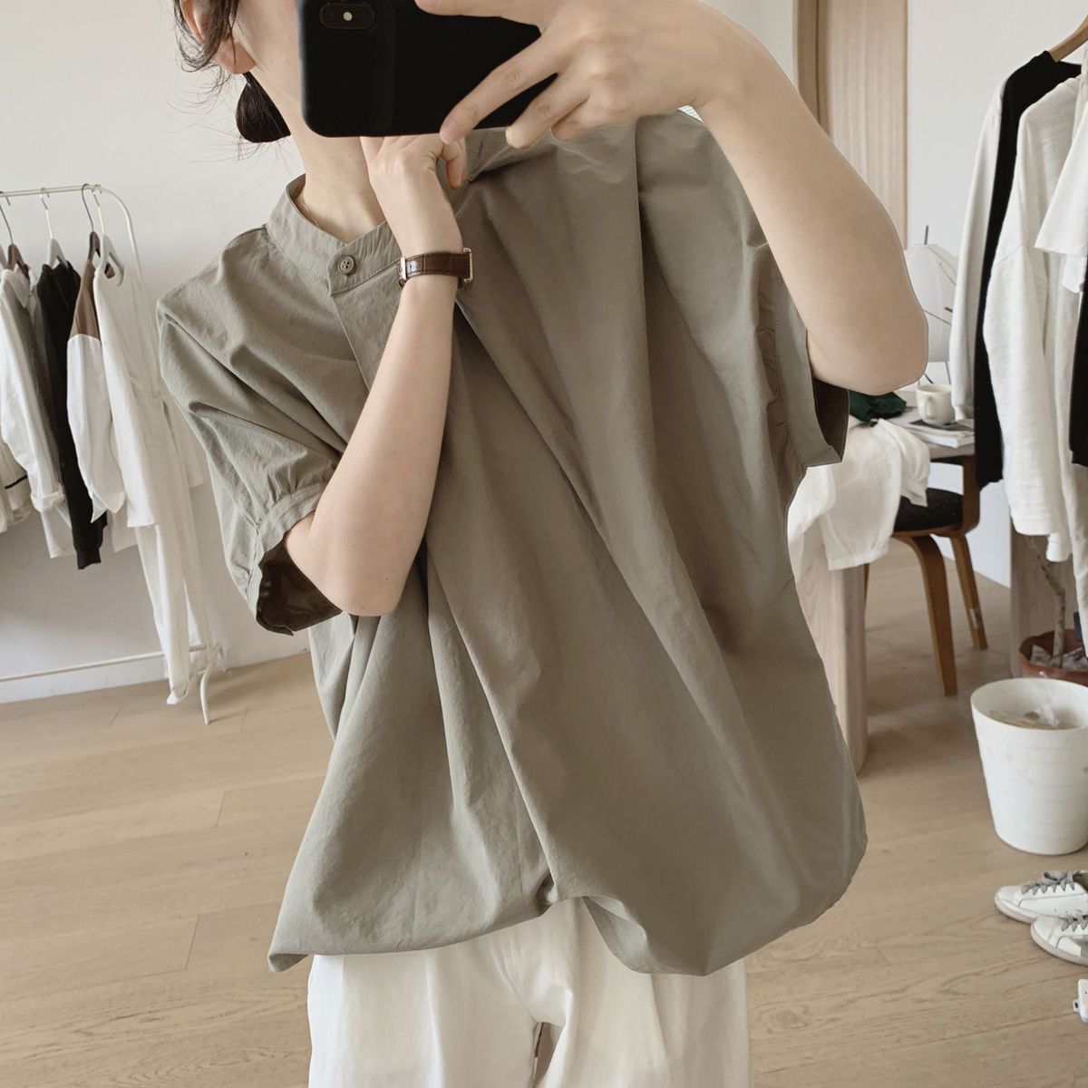 不規則褶皺寬鬆遮肉顯瘦圓領簡約小眾設計感短袖T恤