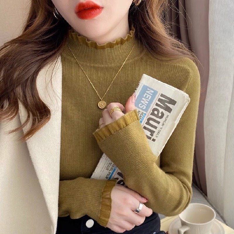 設計感蕾絲半高領拼接木耳邊羊絨針織衫