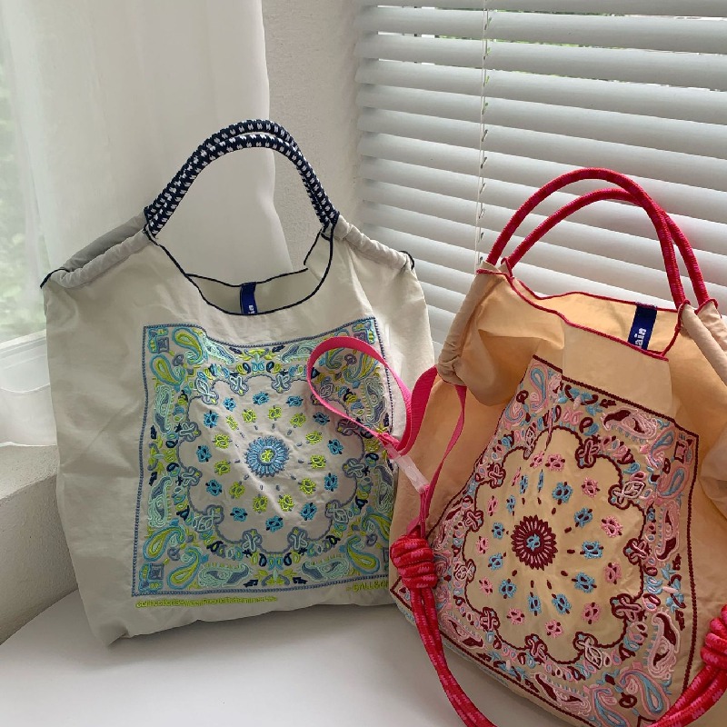 腰果花刺繡購物帆布手拎包尼龍斜挎可折疊便攜手提單肩包