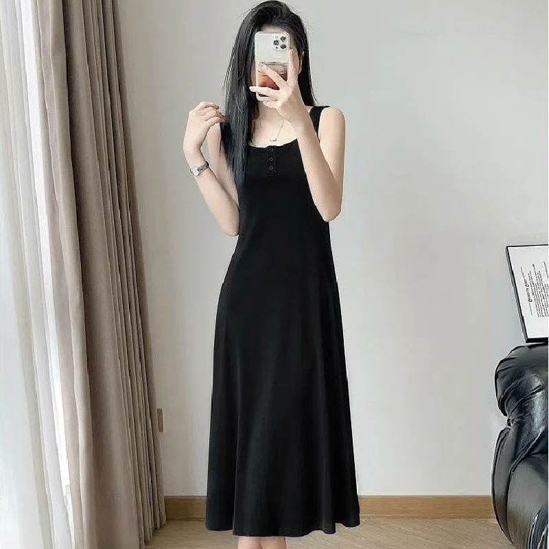 【整套/單件】顯瘦黑色背心中長款吊帶裙搭配藍色牛仔短外套裝