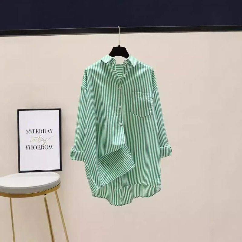 韓系文藝寬鬆簡約條紋印花長袖中長款開衫