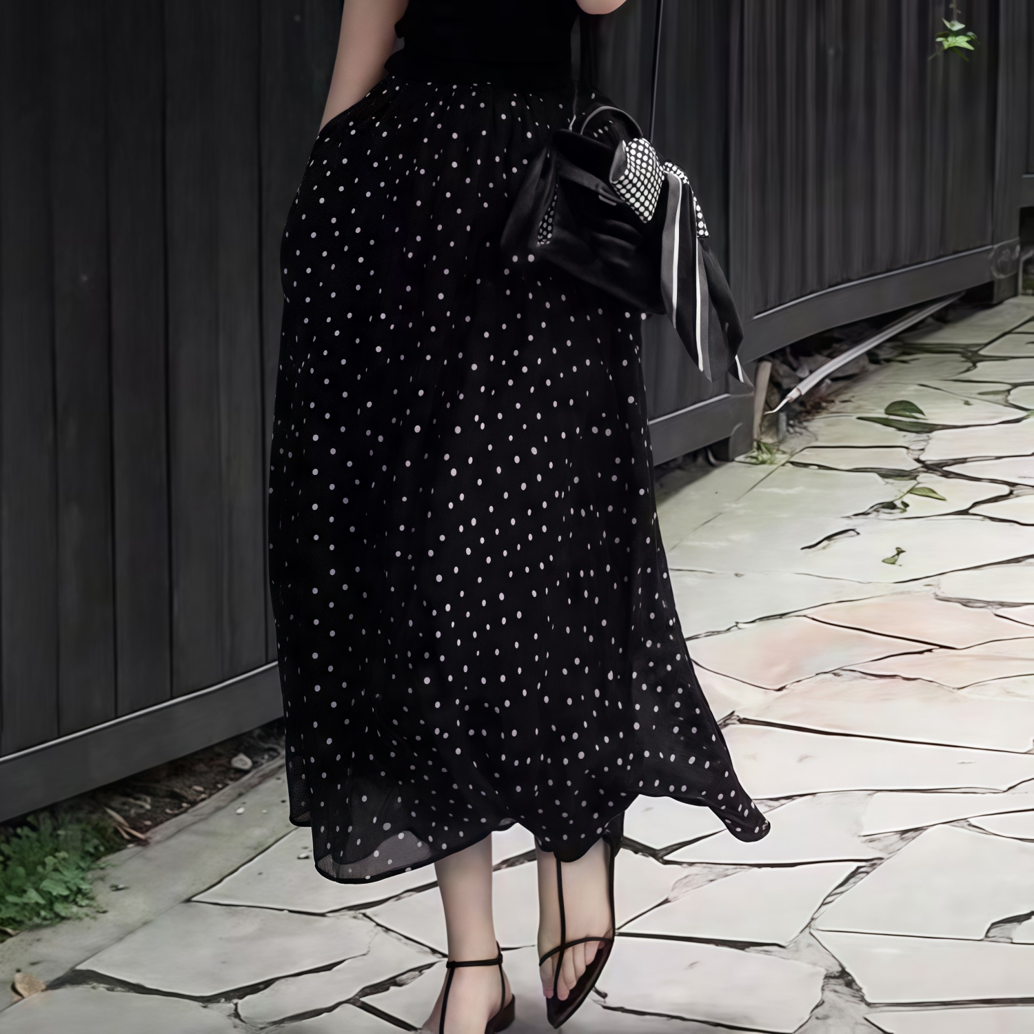 大碼波點高端簡約洋氣寬鬆大擺半身裙