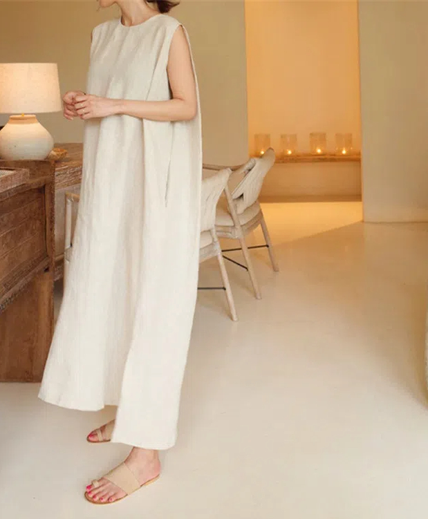 簡約洋氣亞麻混紡背心連體寬鬆時尚洋裝