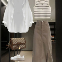 白襯衫+杏吊帶+咖半身裙（三件套）