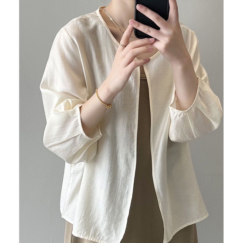 韓系寬鬆休閒百搭薄款圓領七分袖防曬開衫