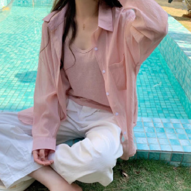 薄款法式簡約設計感冰絲防曬長袖襯衫