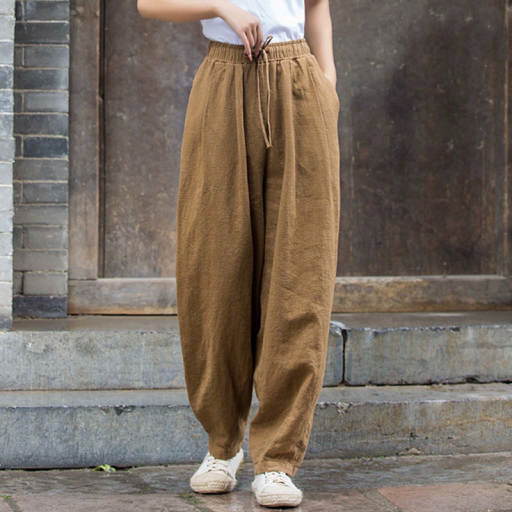 日系簡約寬鬆透氣棉麻休閒燈籠长褲