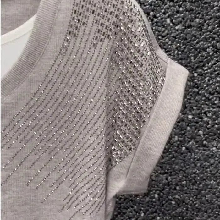 燙鑽撞色假兩件氣質V領洋氣重工收腰顯瘦小香風短袖T恤