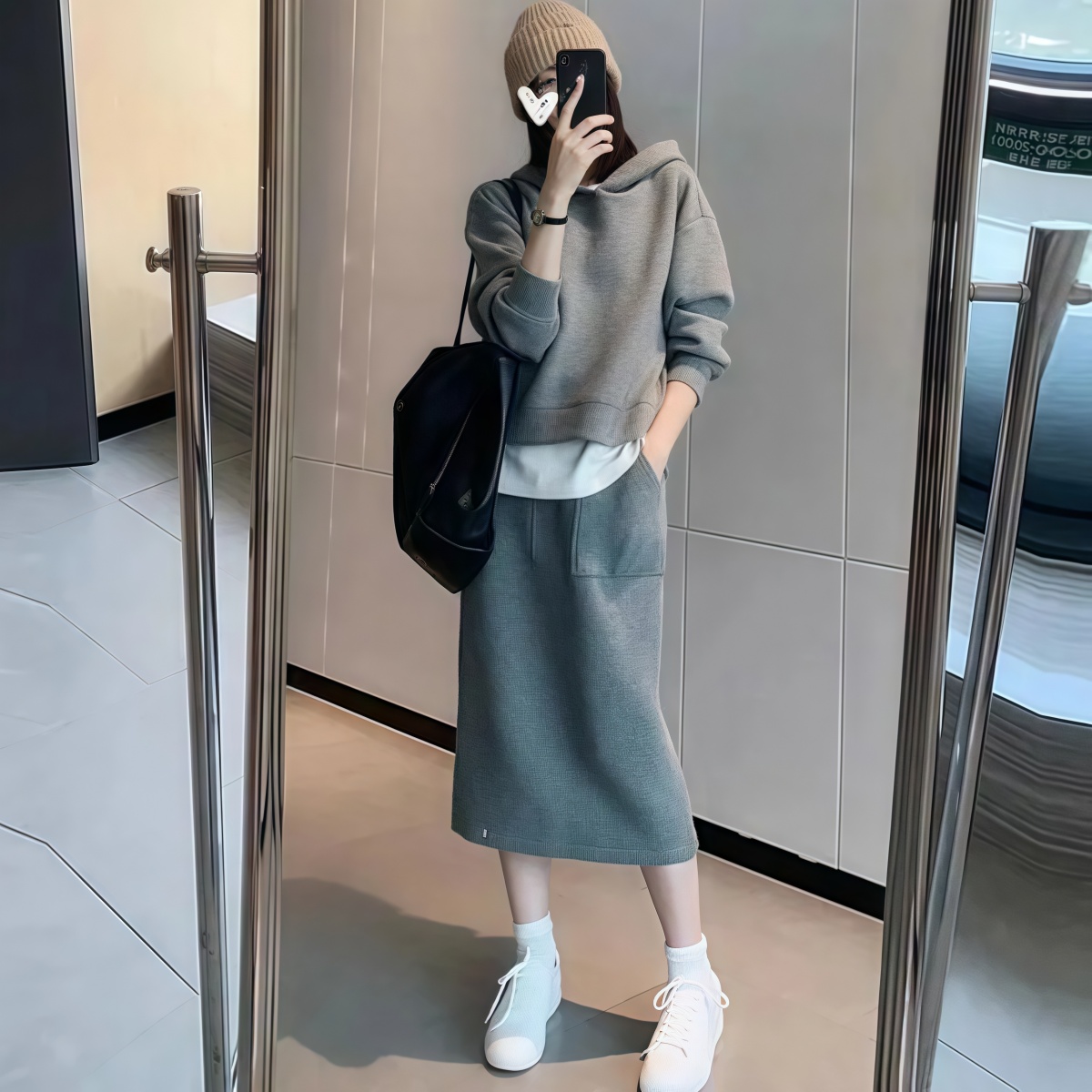 【整套】大尺碼時尚休閒運動風 時尚寬鬆拉鍊設計連帽上衣+半身裙套裝