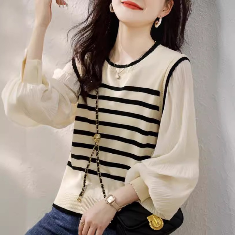 條紋拼接花邊領燈籠袖通勤百搭針織衫