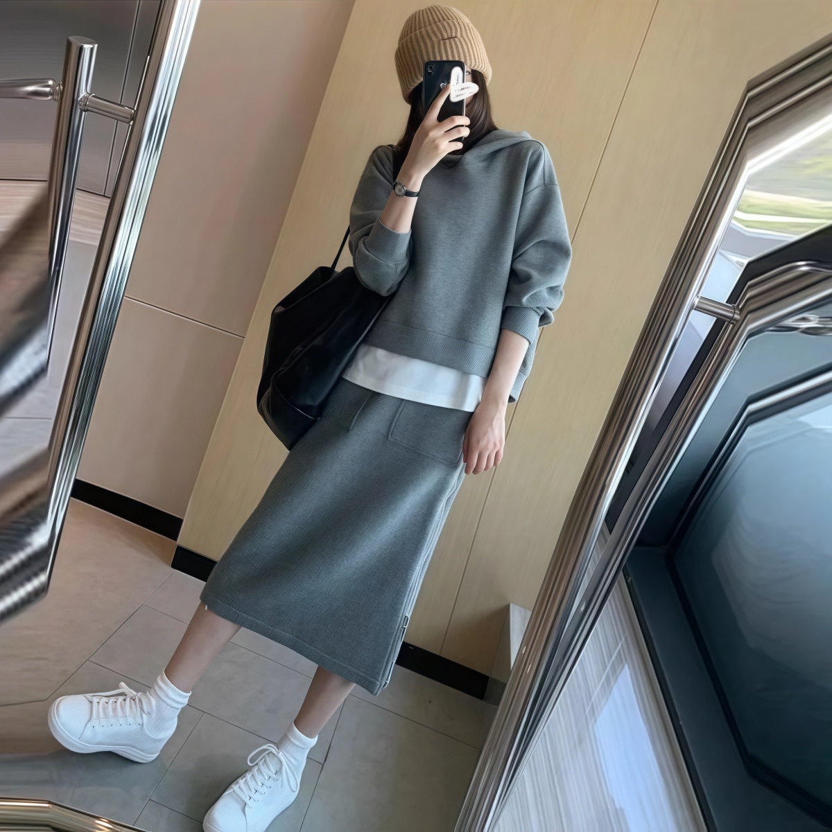 【整套】大尺碼時尚休閒運動風 時尚寬鬆拉鍊設計連帽上衣+半身裙套裝