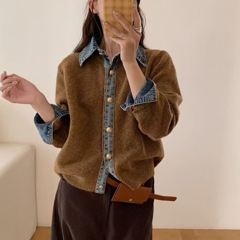 韓系設計牛仔拼接針織開衫