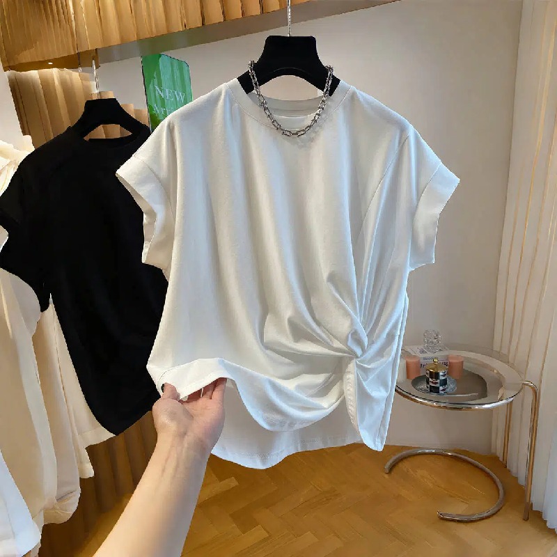 設計感不規則扭結寬鬆黑色小飛袖短袖T恤