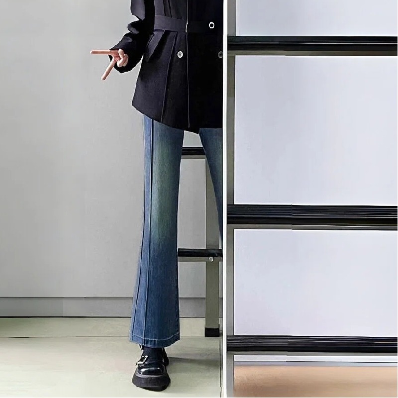 簡約休閒高腰遮胯顯瘦彈力喇叭牛仔褲