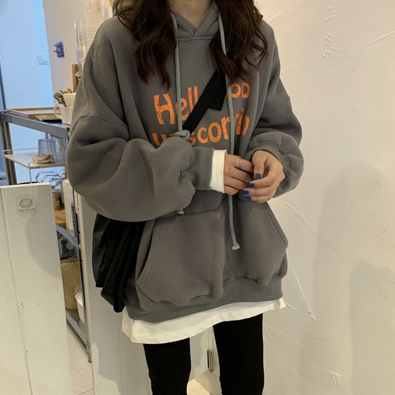 韓系秋冬加絨加厚舒適學生寬鬆慵懶風連帽衫