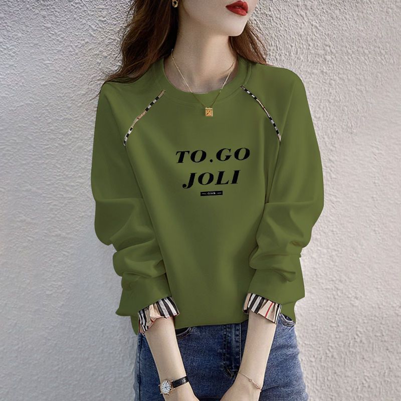 薄款純棉韓版無帽寬鬆套頭圓領假兩件長袖T恤