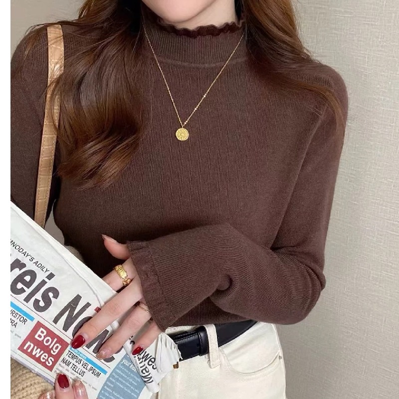 設計感蕾絲半高領拼接木耳邊羊絨針織衫