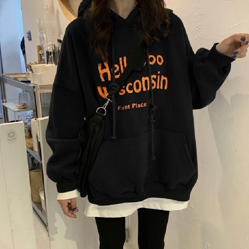 韓系秋冬加絨加厚舒適學生寬鬆慵懶風連帽衫