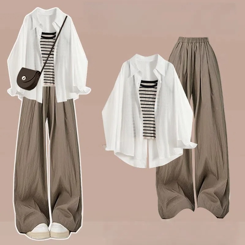 【單件/整套】休閒洋氣防曬襯衫顯瘦條紋背心搭運動闊腿褲三件套