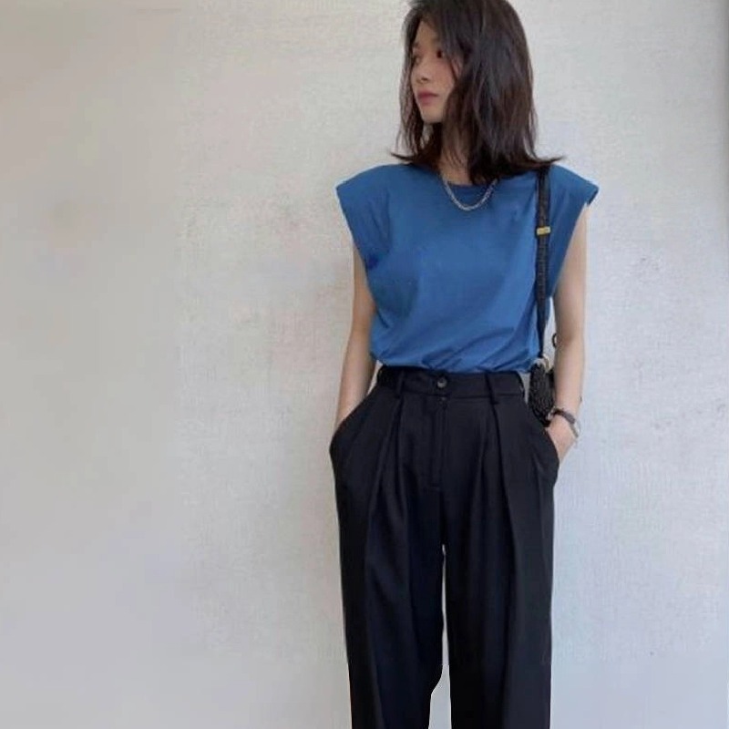 純棉韓系chic顯瘦百搭寬鬆無袖墊肩設計背心