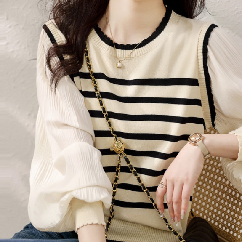 條紋拼接花邊領燈籠袖通勤百搭針織衫