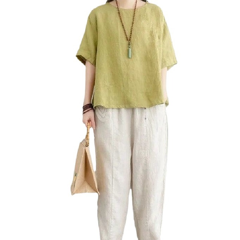 復古棉麻刺繡休閒大碼寬鬆簡約短袖T恤