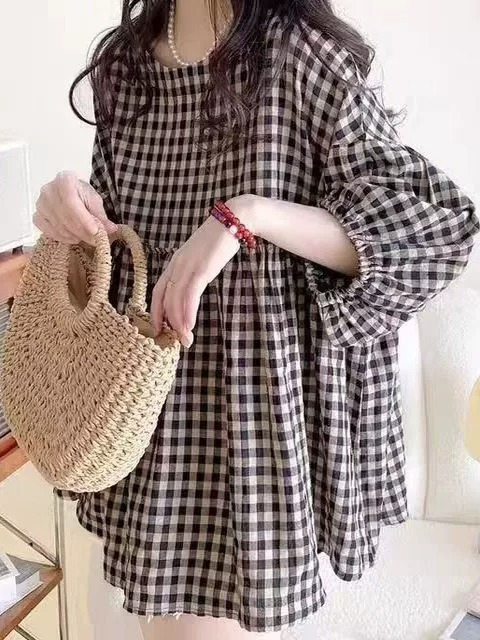 蓬蓬格子棉麻上衣