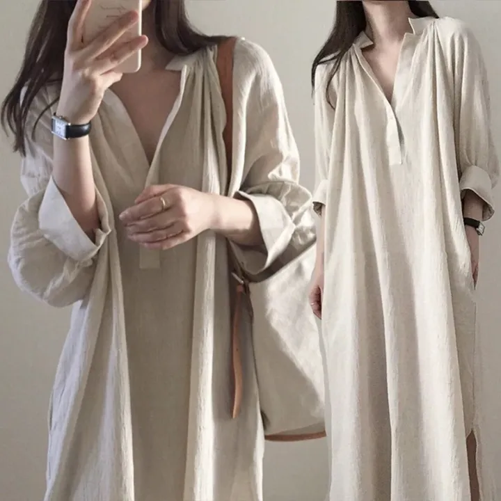 寬鬆韓系洋氣長款過膝棉麻襯衣洋裝