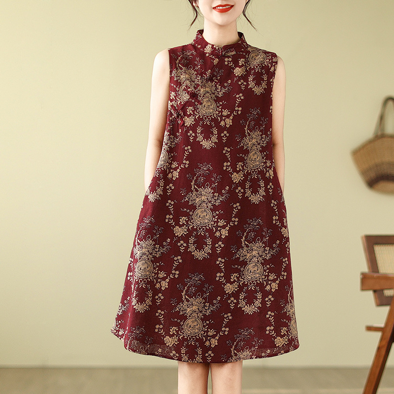 中式復古改良盤扣旗袍寬鬆顯瘦棉麻無袖印花洋裝