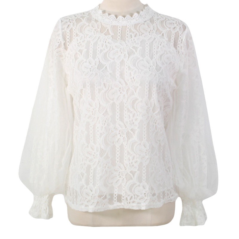 春秋復古蕾絲花邊拼接小立領網紗泡泡長袖襯衫