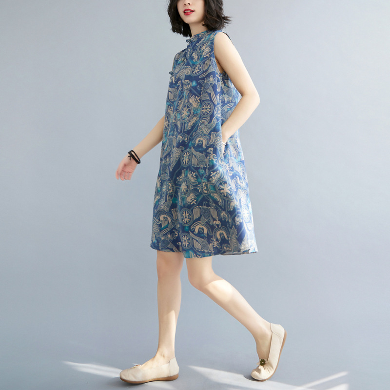 中式復古改良盤扣旗袍寬鬆顯瘦棉麻無袖印花洋裝