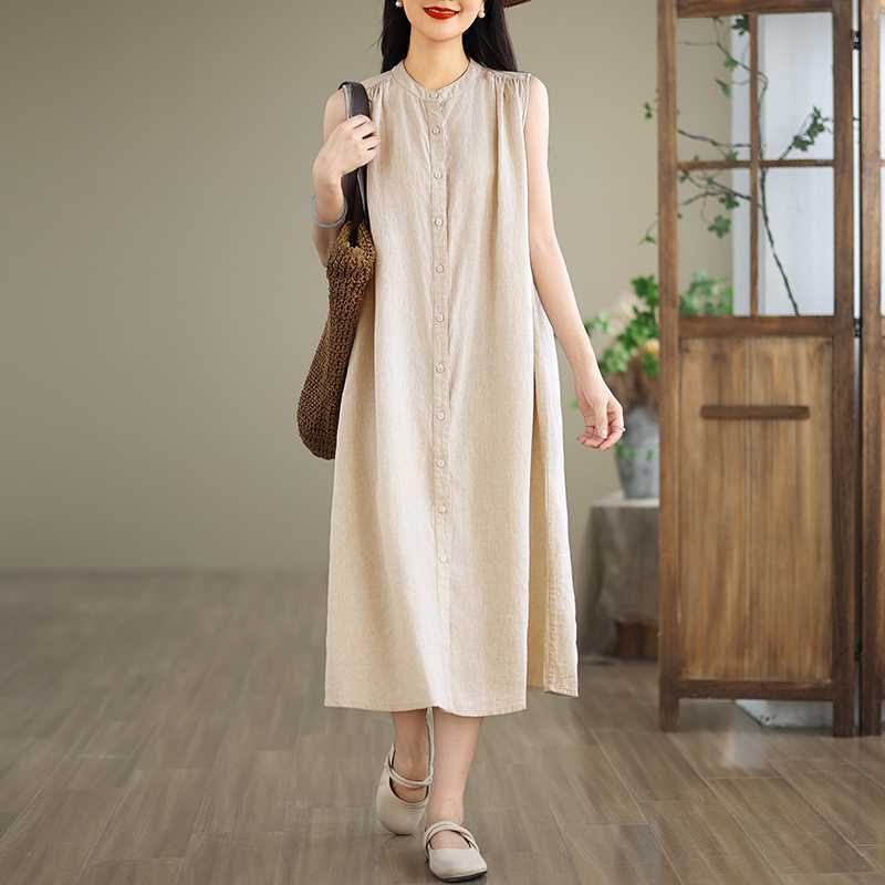 無袖多皺褶設計長款艺文簡約襯衫棉麻洋裝