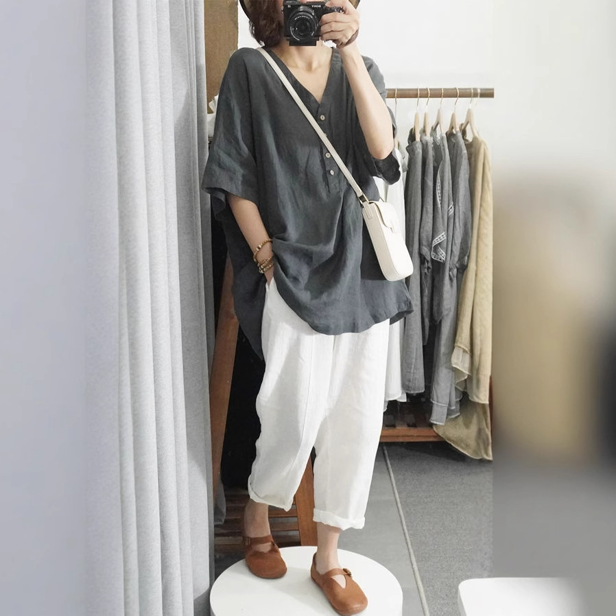 復古棉麻印花寬鬆套頭休閒短袖T恤