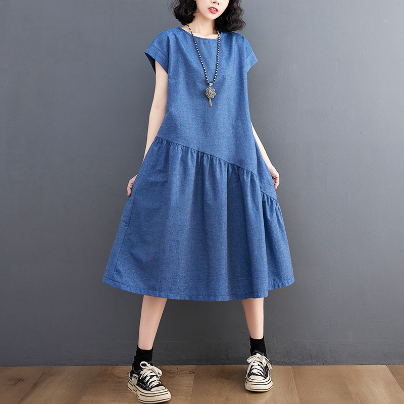 夏季純色牛仔氣質寬鬆顯瘦中長洋裝
