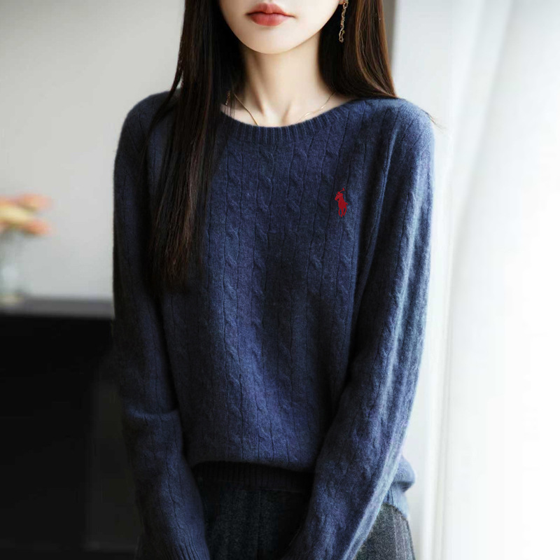 簡約純色套頭圓領麻花打底長袖針織衫