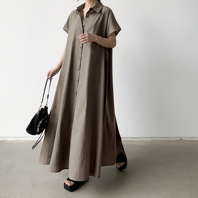 透氣百搭純色短袖棉麻寬鬆翻領休閒洋裝