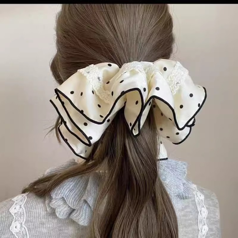 法式黑白波點絲絨髮圈復古溫柔氣質大號高級感花邊髮繩