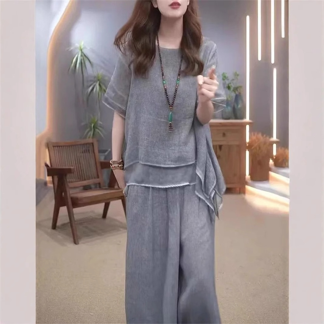 【整套】復古棉麻新民族風寬鬆顯瘦遮肚氣質兩件套