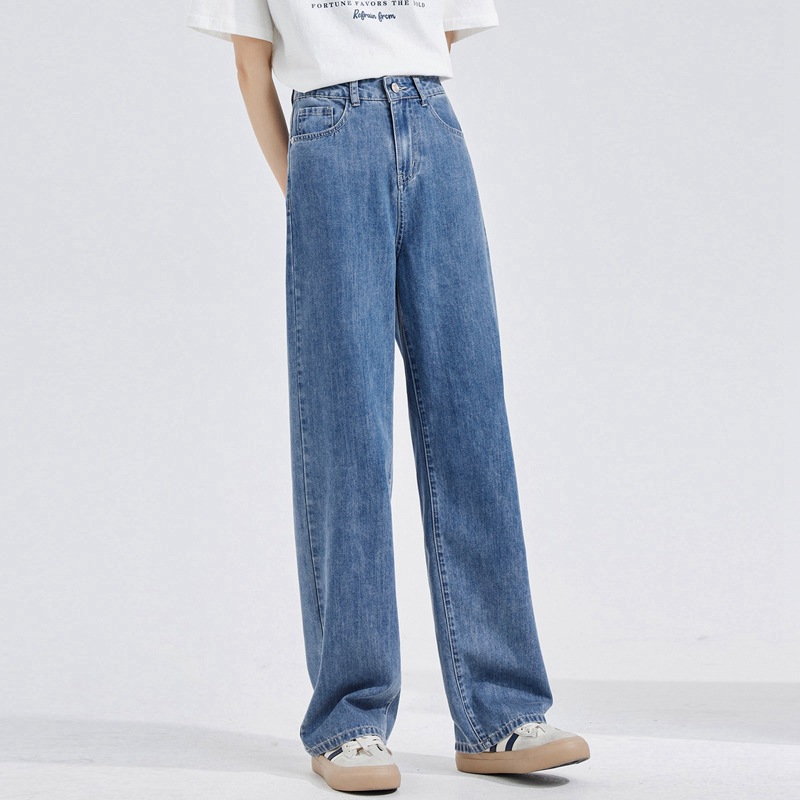 韓系高腰寬鬆直筒垂感休閒闊腿牛仔褲