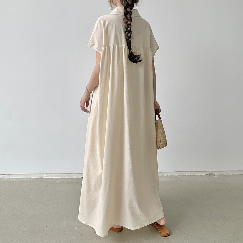 透氣百搭純色短袖棉麻寬鬆翻領休閒洋裝