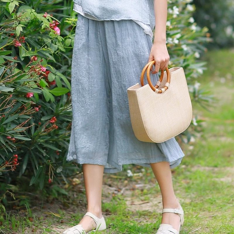 純色棉麻復古七分闊腿寬鬆飄逸休閒直筒褲