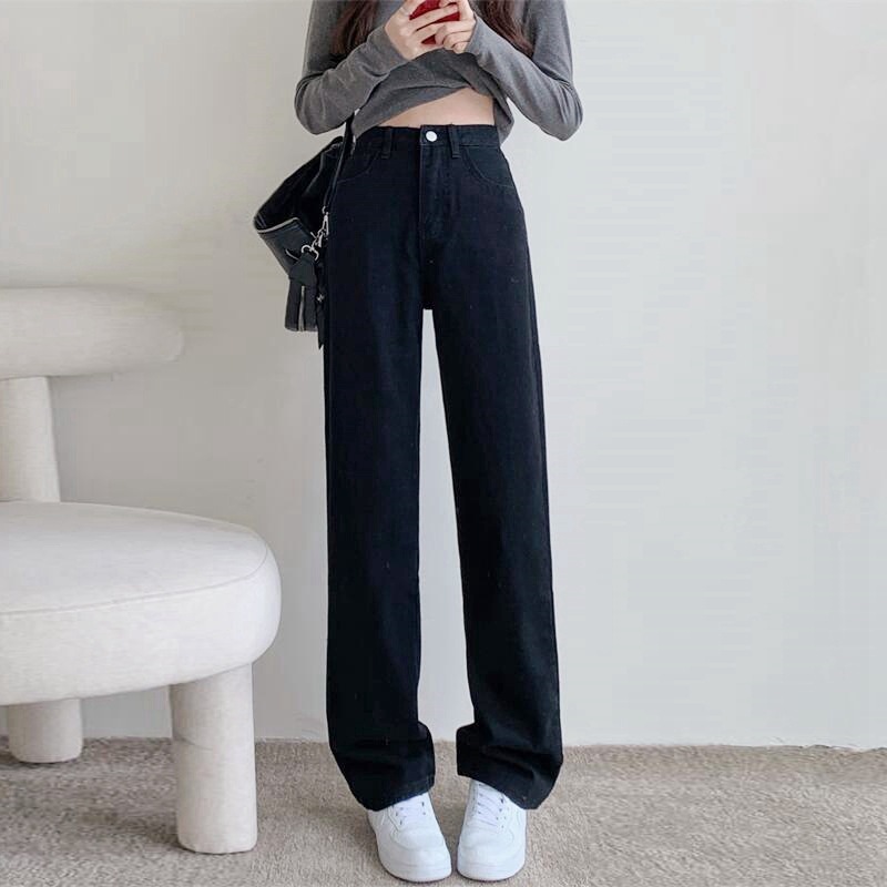 韓系高腰寬鬆直筒垂感休閒闊腿牛仔褲