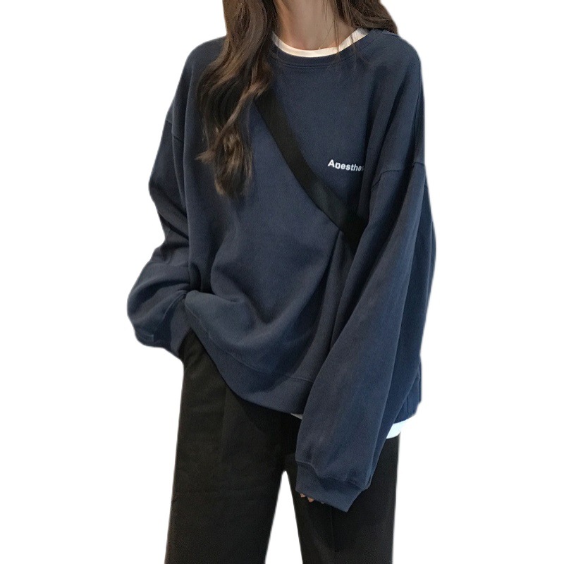 學院風字母印花薄款寬鬆圓領長袖T恤